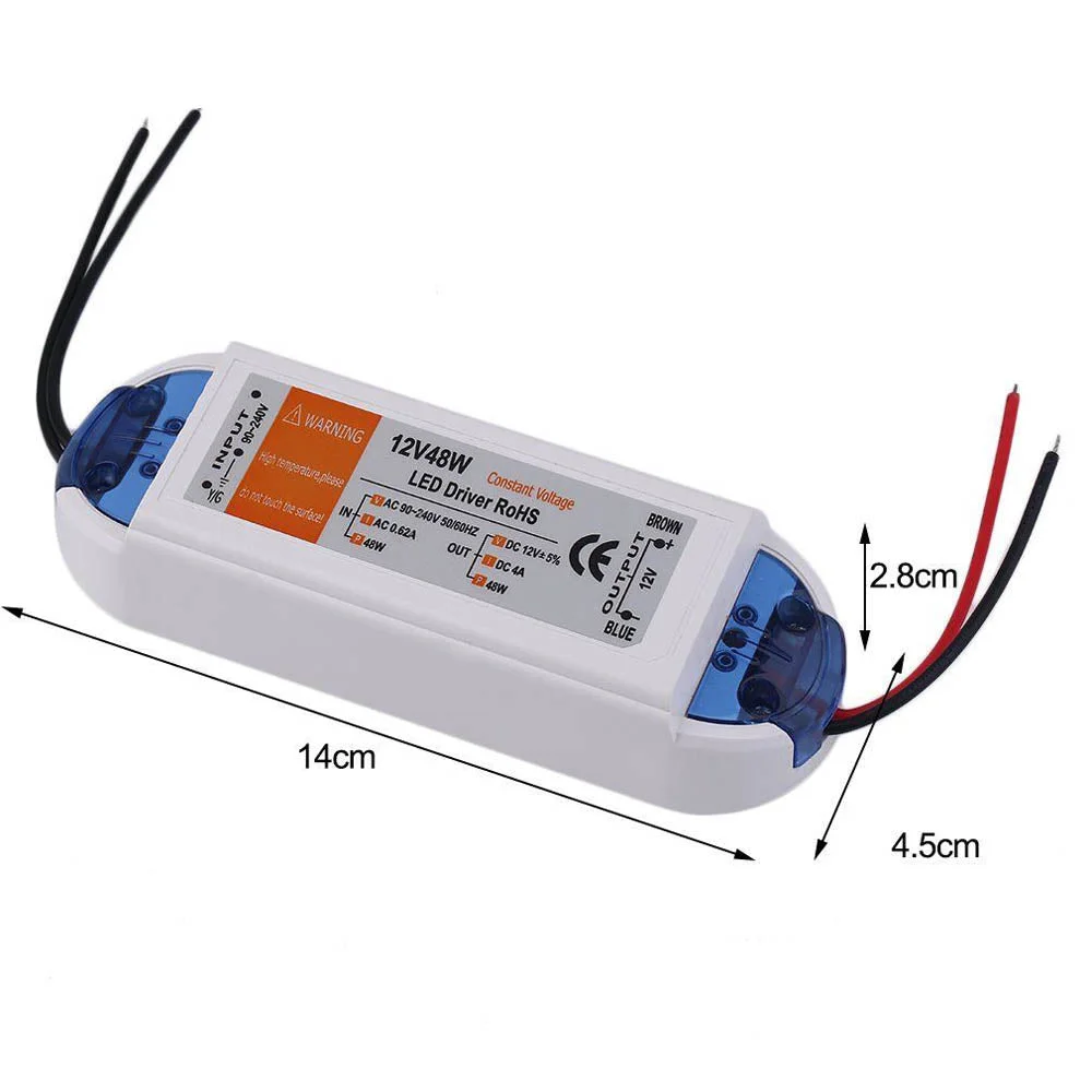 48W LED driver in plastic housing with input and output terminals, labelled 12V 4A, suitable for LED strips.
