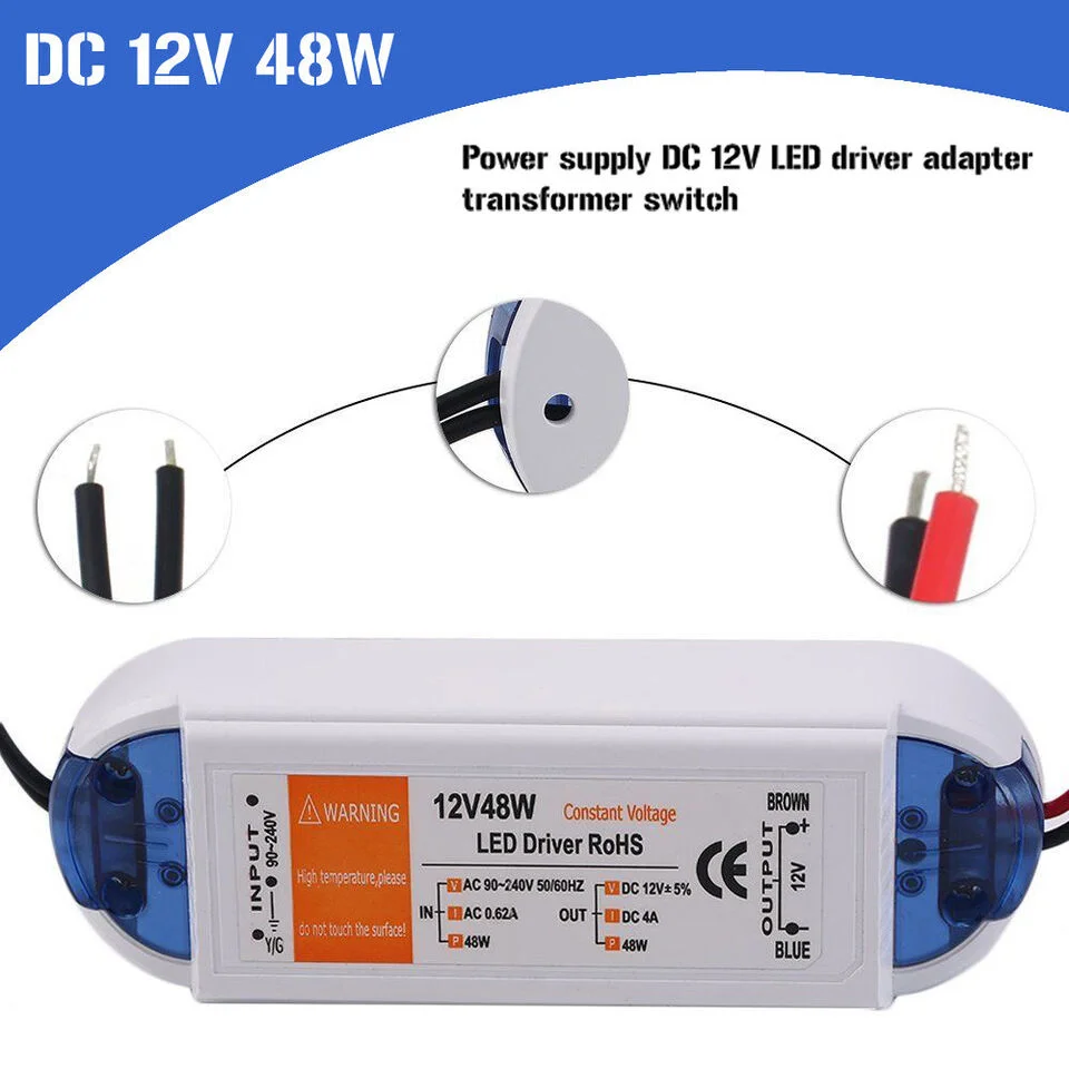 Small plastic 12V LED transformer with AC input jack, labeled 48W, 4A, featuring CE and RoHS badges