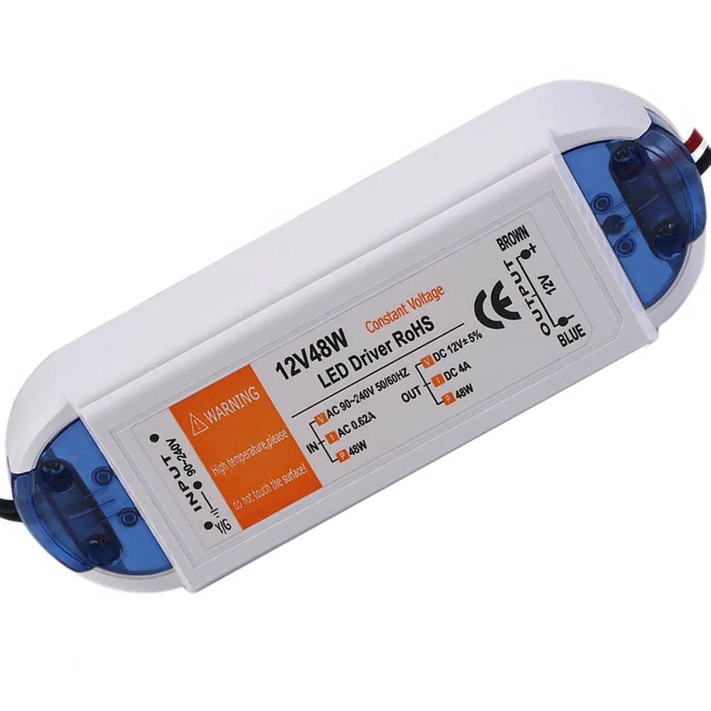 48W constant voltage LED driver in plastic enclosure, showing AC input port and output sockets marked 12V 4A.