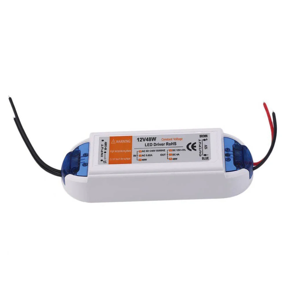 Compact plastic LED driver rated 48W for indoor LED driver use, 12V output connector and power safety labels.