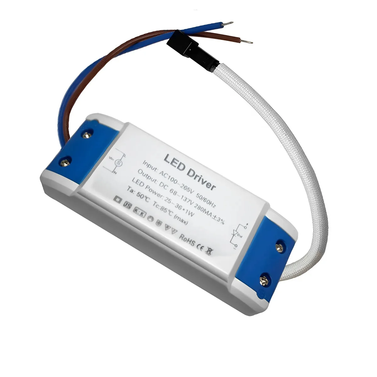 White plastic constant current LED driver unit with built‑in terminals, compact housing for low‑voltage LED lighting.