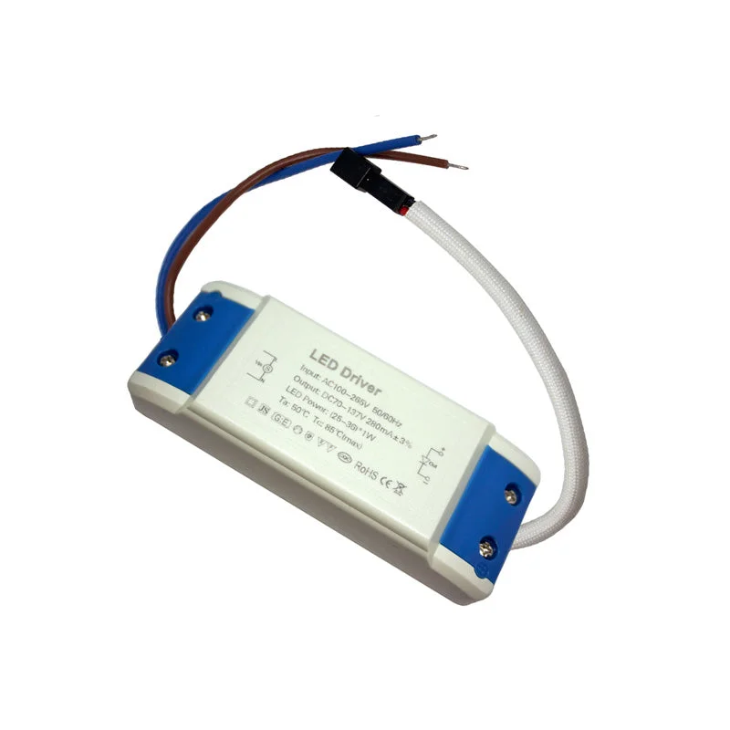 White low voltage LED driver with engineered plastic housing, visible terminals, in hardware kit.