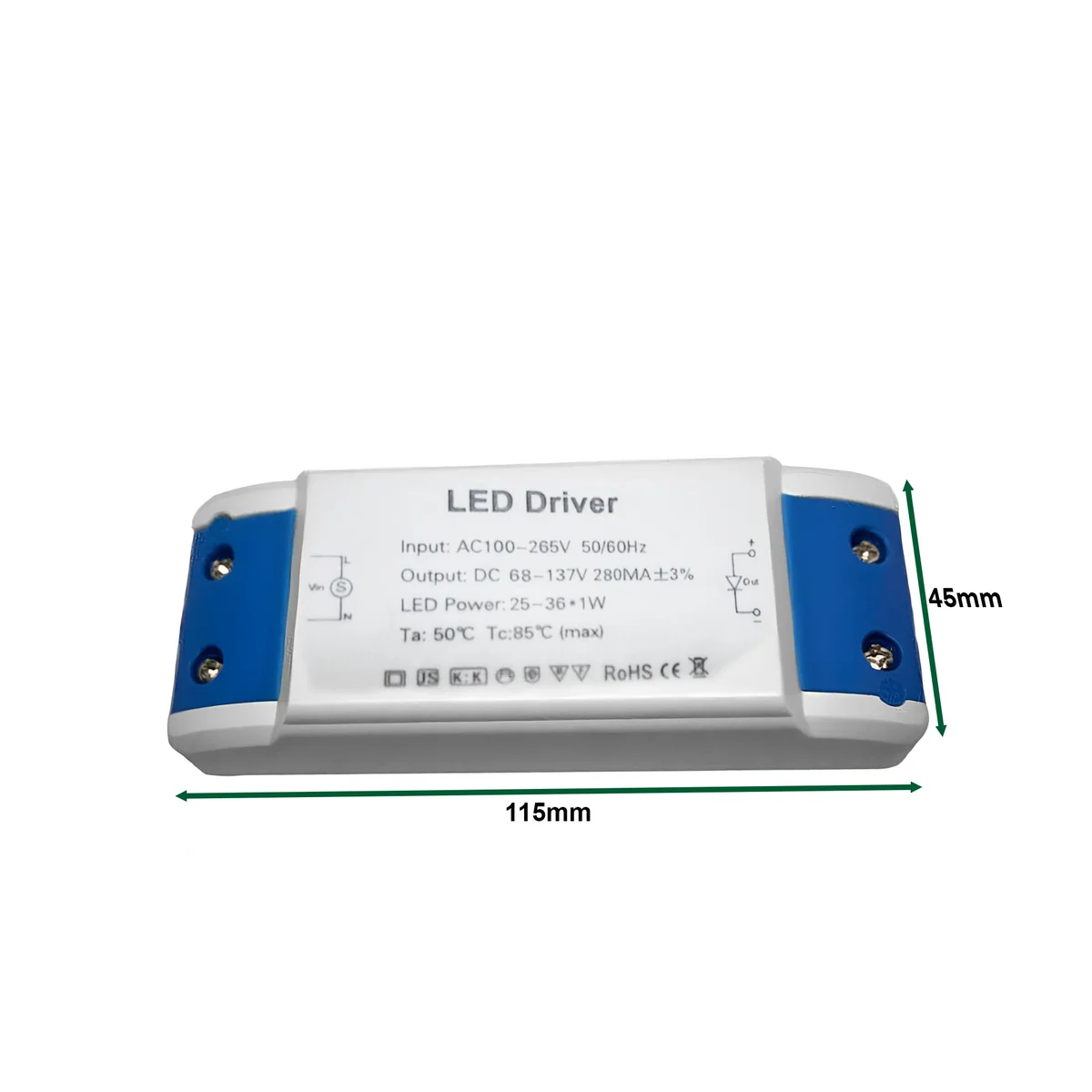 White engineered plastic LED driver with 'constant current transformer' label, compact shape in a technical lighting setup.
