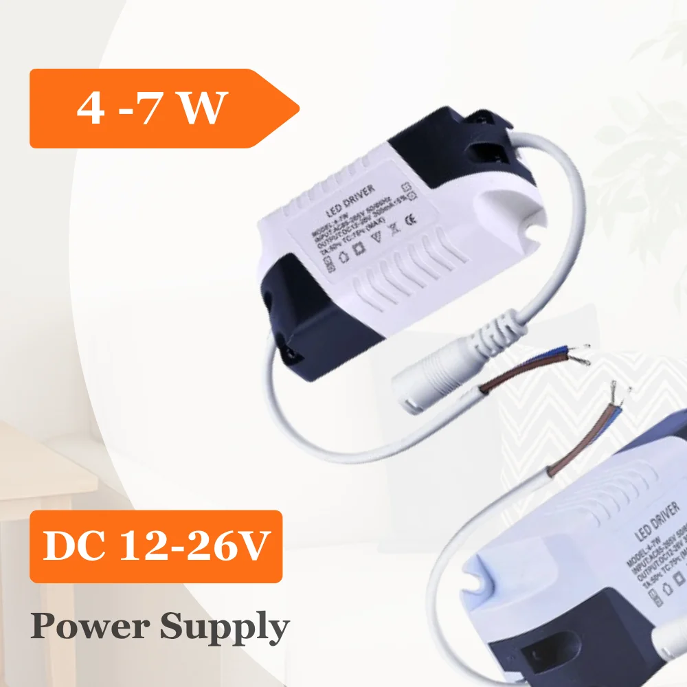 4-7W constant current LED driver with 12-26V output, 300mA current, CE and RoHS certified, enclosed in lightweight plastic housing.