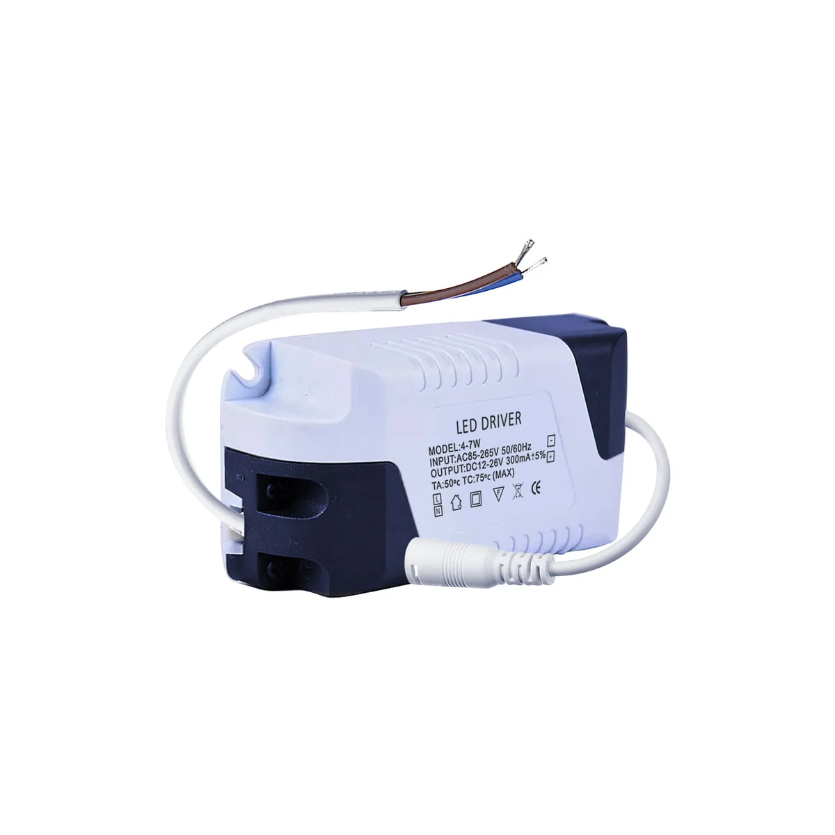 4-7W LED driver unit in white plastic housing, label shows 12-26V DC 300mA output – indoor LED transformer