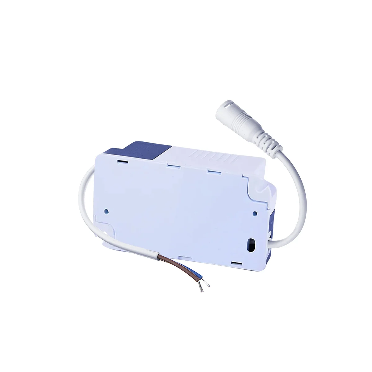 Compact plastic 7W LED power supply with labeled driver, AC input terminals, and output port