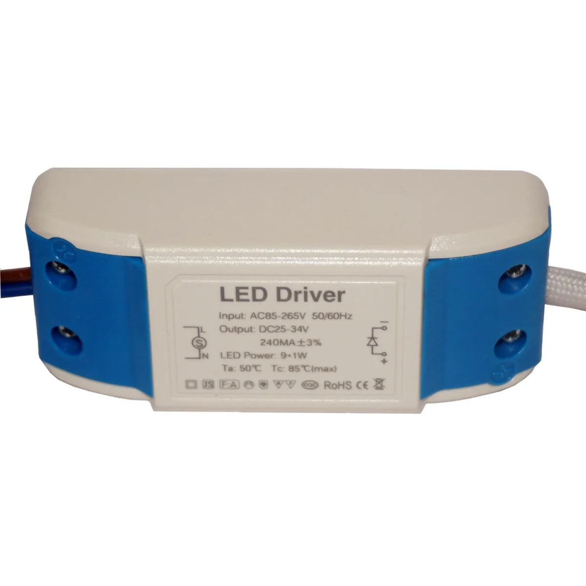Compact constant current LED driver unit with screw‑clamp terminals, labeled 25‑34V DC, packaged in plastic.