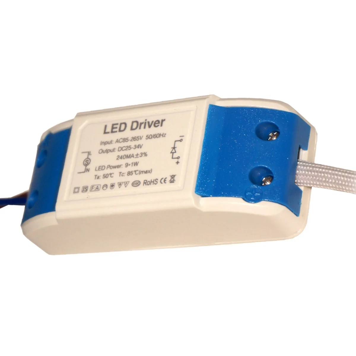 Compact 9W LED driver transformer in clear plastic housing with screw‑clamp connectors, labeled AC 100‑265V to DC 25‑34V