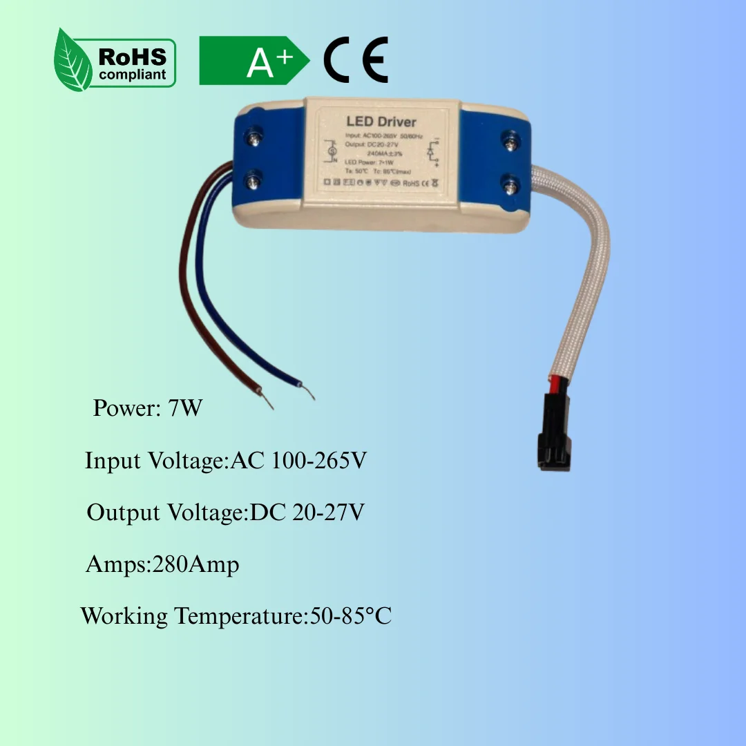 Compact constant current LED driver in plastic, showing screw terminals, labeled 7W and 280mA, on white background.