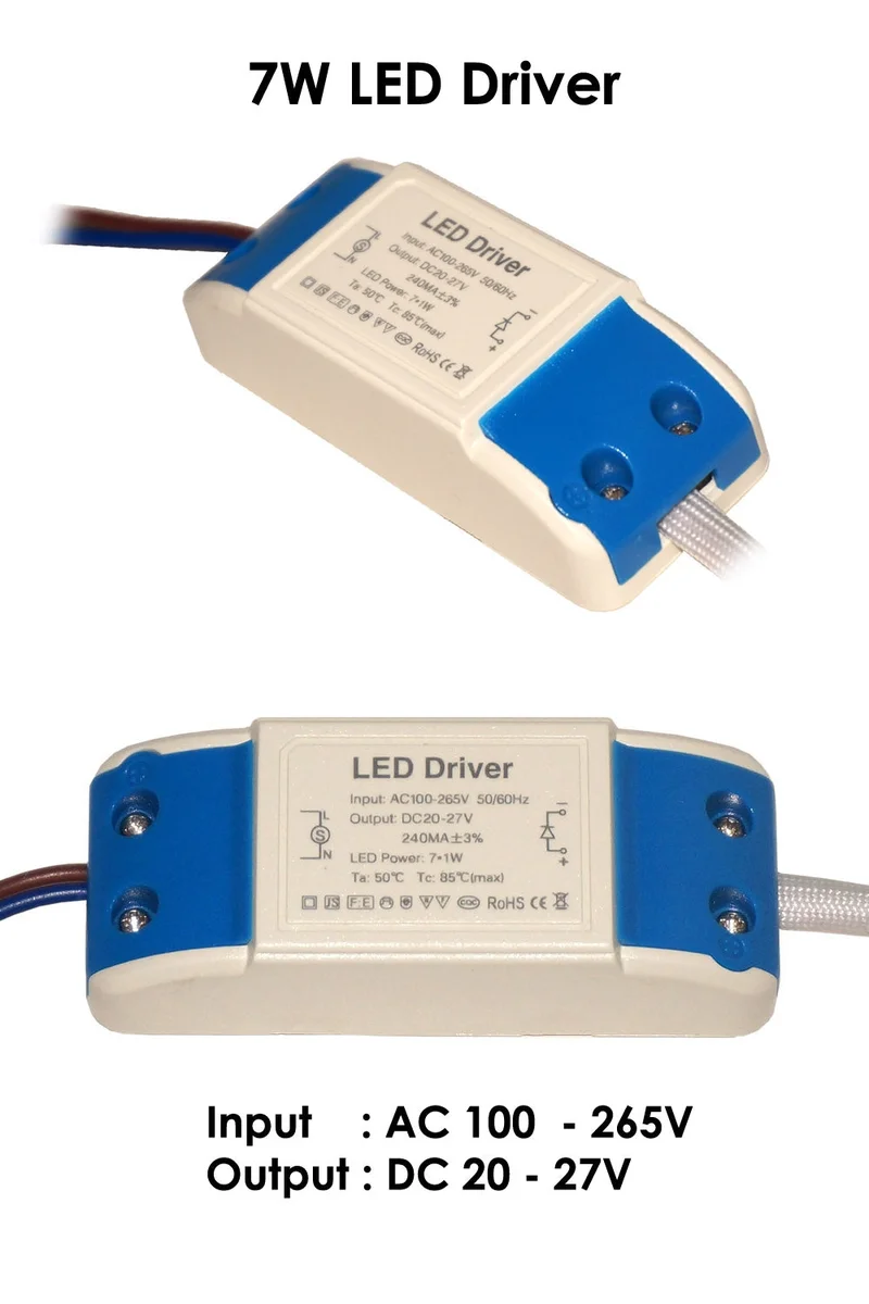Black 7W DC 20-27V LED driver with screw terminals, compact plastic housing