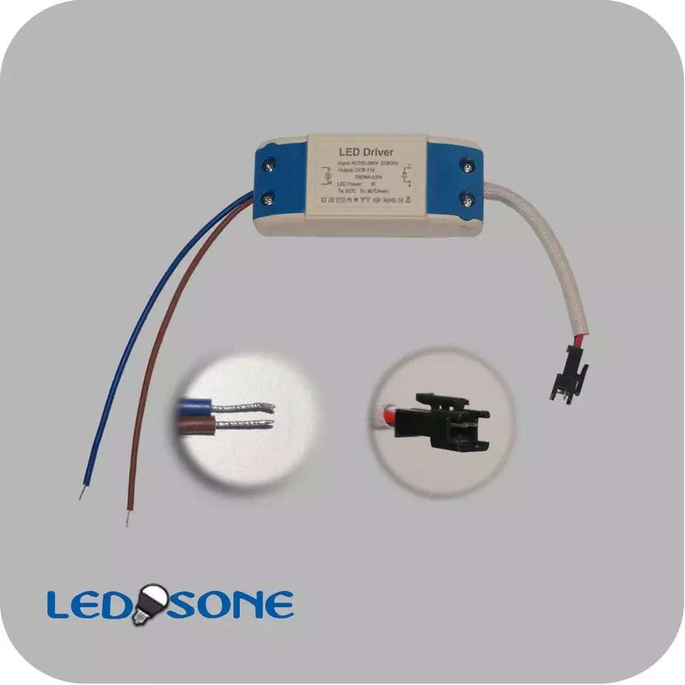 Compact 7 watt LED transformer in plastic housing with screw terminals, measuring 8 cm long and 3.2 cm tall.