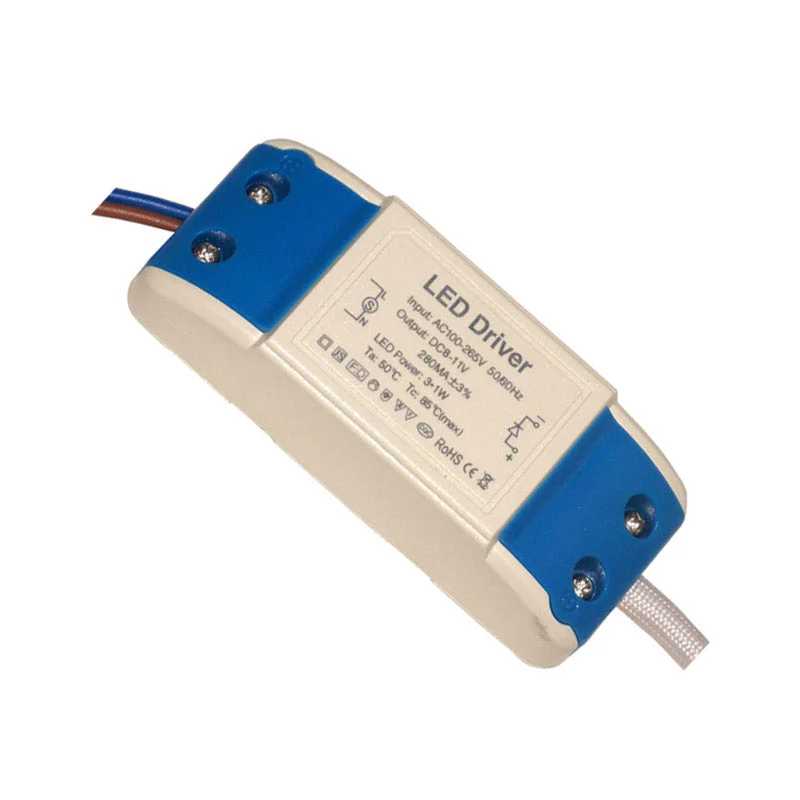Compact 3W LED driver in slim rectangular flame‑retardant plastic housing with screw terminals.