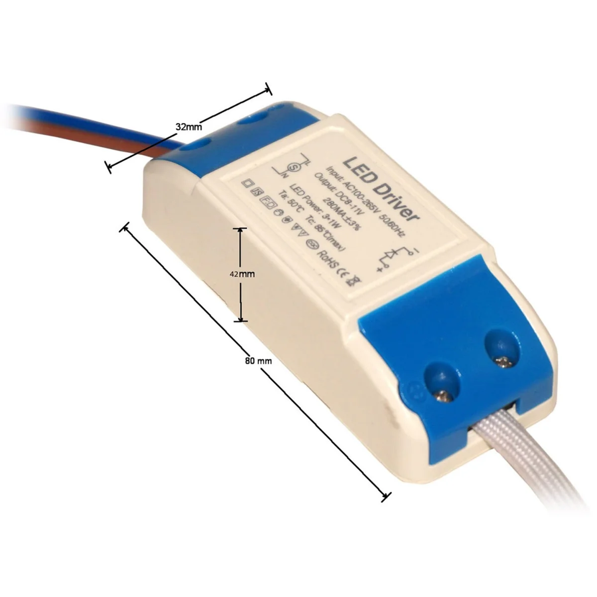 Compact constant current LED driver with screw terminals, slim rectangular housing, 3W output.
