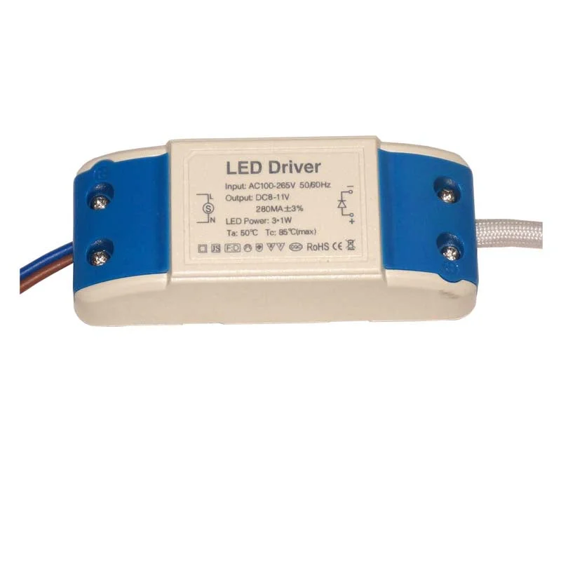 Compact rectangular 280mA LED power supply with screw terminals, grey flame‑retardant plastic housing.
