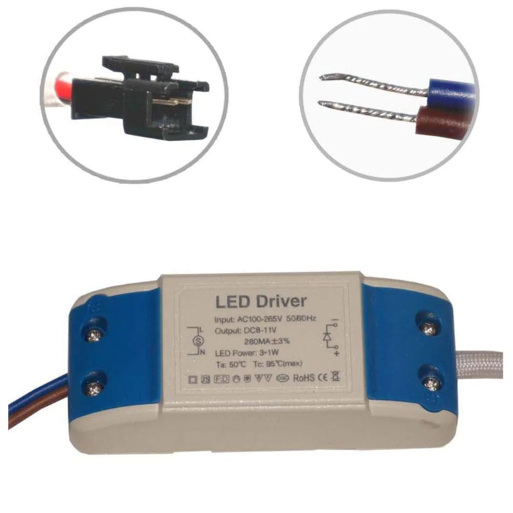 Compact black rectangular LED driver with screw terminals, displaying DC 8-11V LED driver label