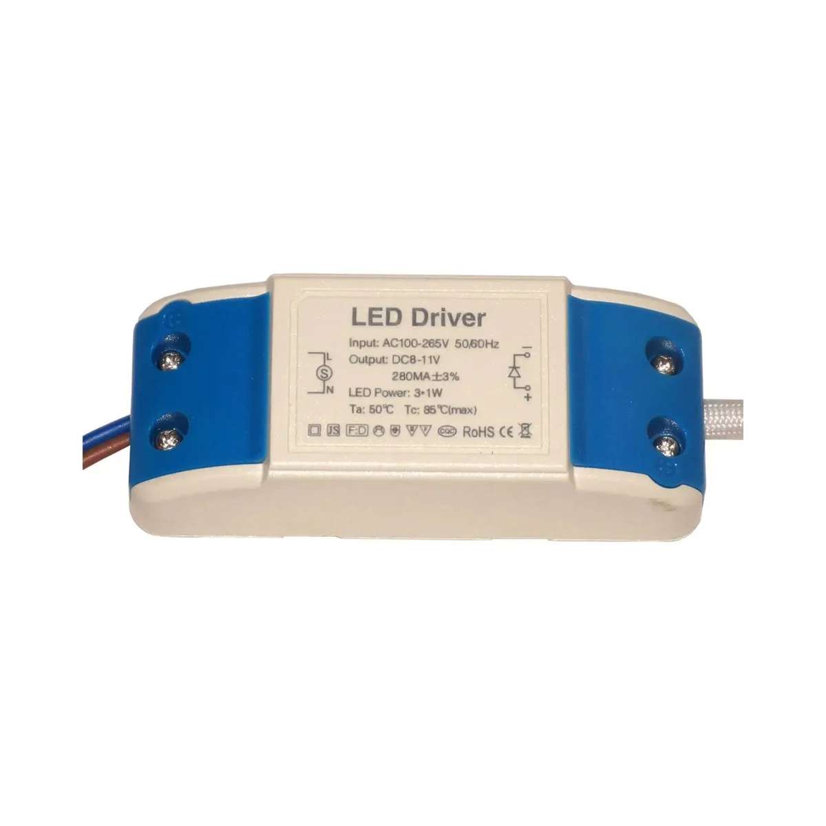 Compact 3W constant current transformer powering LED lighting, with screw terminals and flame‑retardant plastic housing.