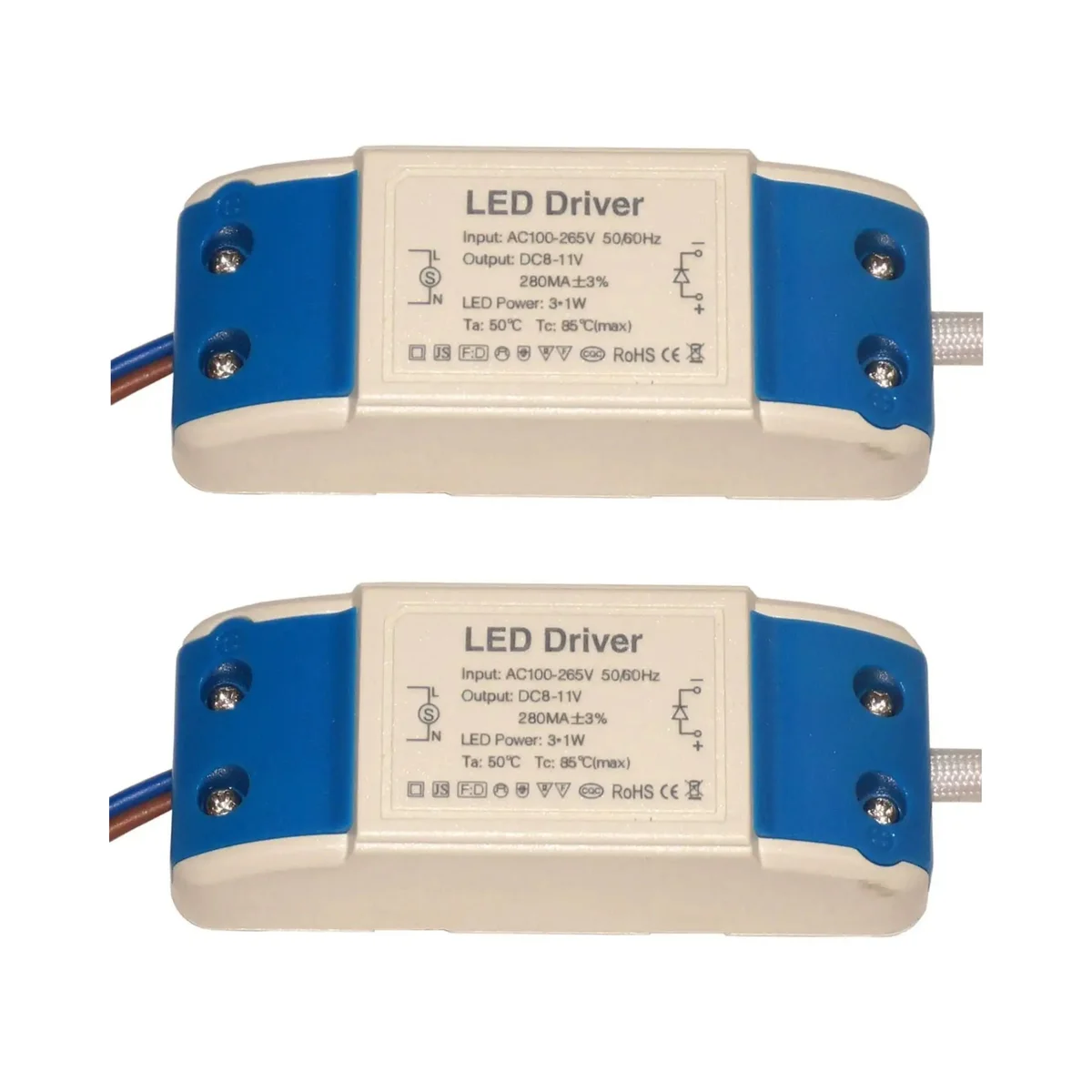 Compact rectangular 3W LED driver with flame‑retardant plastic housing and polycarbonate end caps, featuring screw terminals