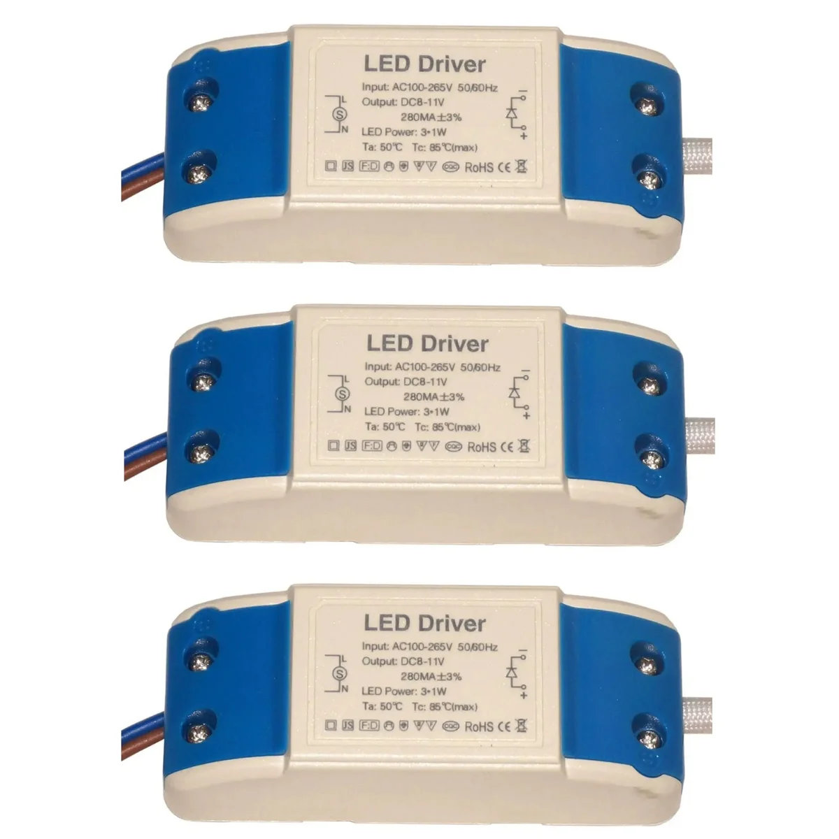 Compact 3W LED driver with screw terminals and flame‑retardant plastic housing.