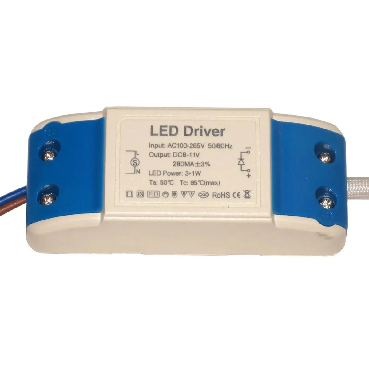 Compact 3W LED driver with screw terminals, flame‑retardant plastic, stated DC 8–11V output, labeling including 280mA ±3%
