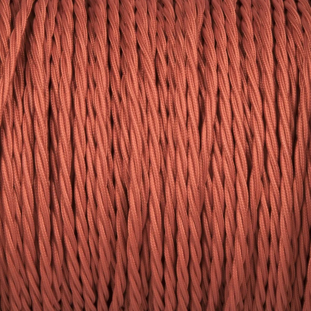 3‑core vintage electric fabric cable in twisted peach finish, 6 mm diameter, 240 V rating, displayed in a 5 m roll.