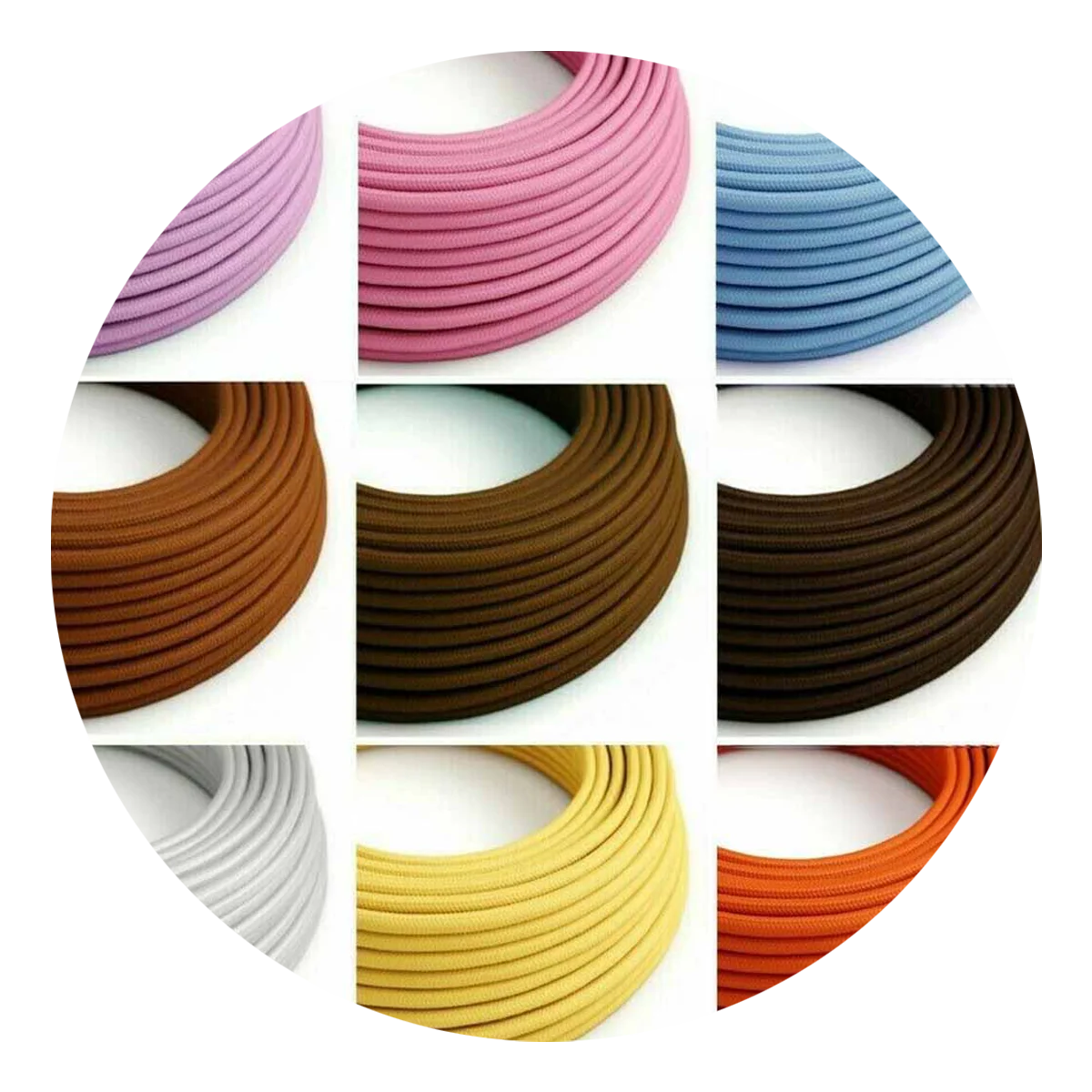 10 m 3 core electrical cable, round profile with double PVC insulation and braided fabric covering.