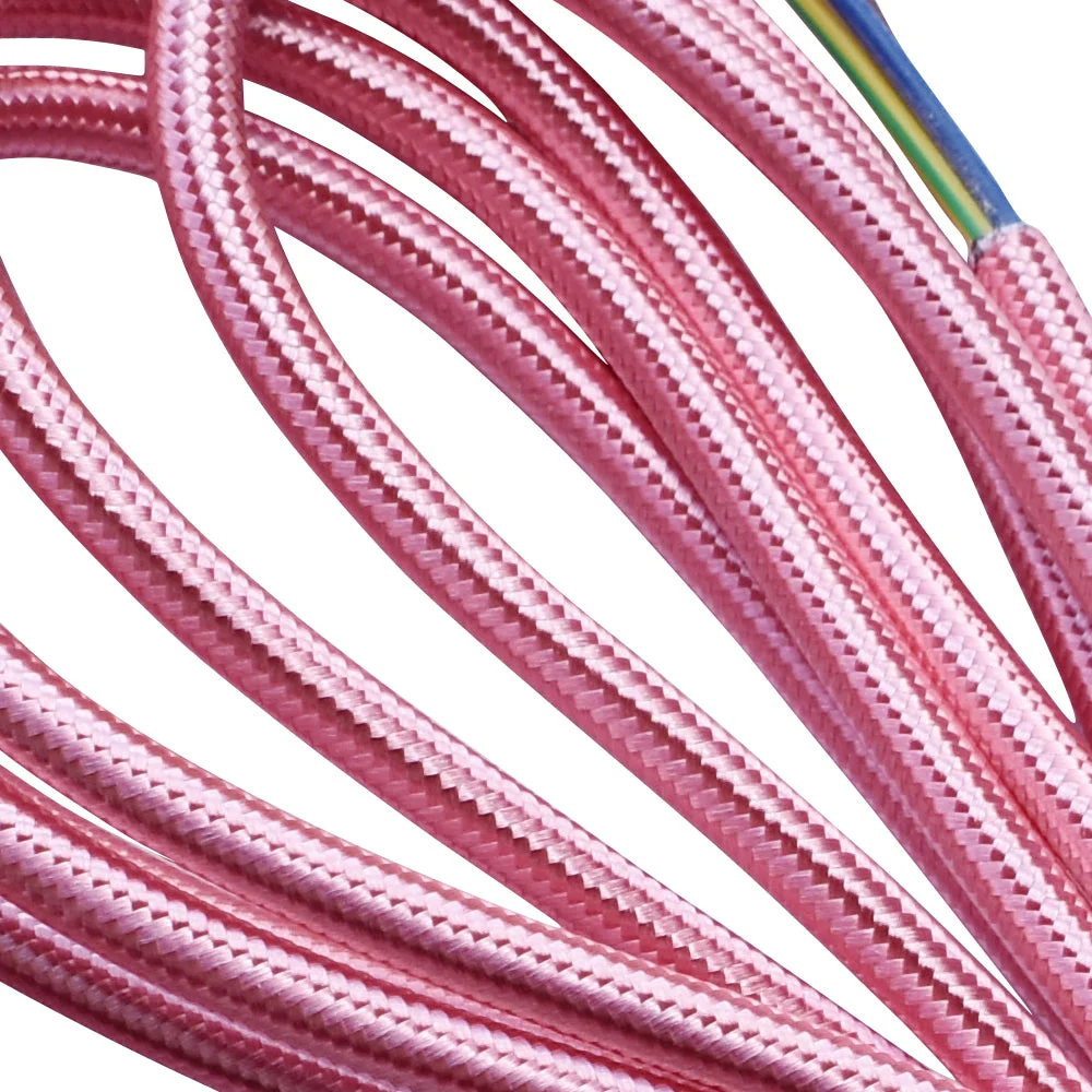 Shiny pink braided cable showing three copper wires wrapped in fabric, 0.75mm core, 7mm diameter, 1m length