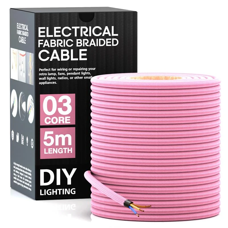 Shiny pink braided fabric cable, 3‑core round 0.75mm copper, flame retardant fabric cable, PVC insulated, 7mm diameter.