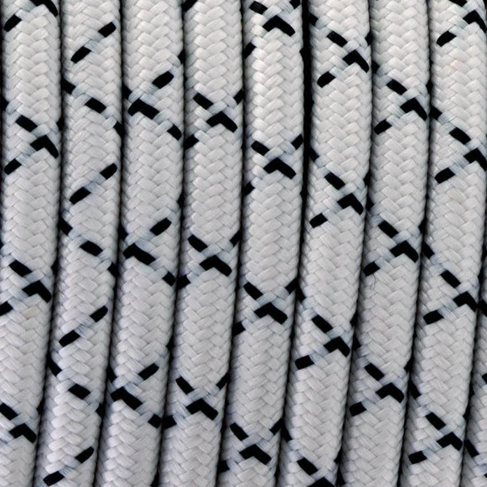 Black and white round braided fabric lighting cable, 3 core, copper conductor, shown on a table.