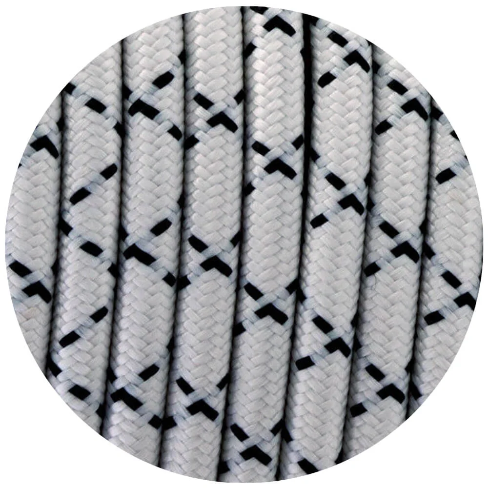 Black and white round braided cable, 3‑core fabric covering, 7mm diameter, ready for indoor lighting.