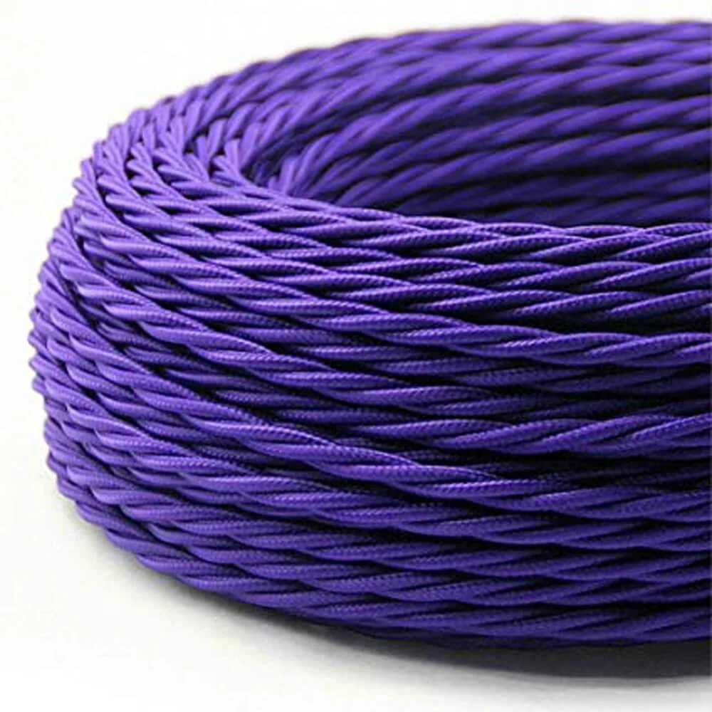 Purple braided cable: 2-core twisted electrical wire with PVC insulation, shown on continuous roll for decorative lighting.
