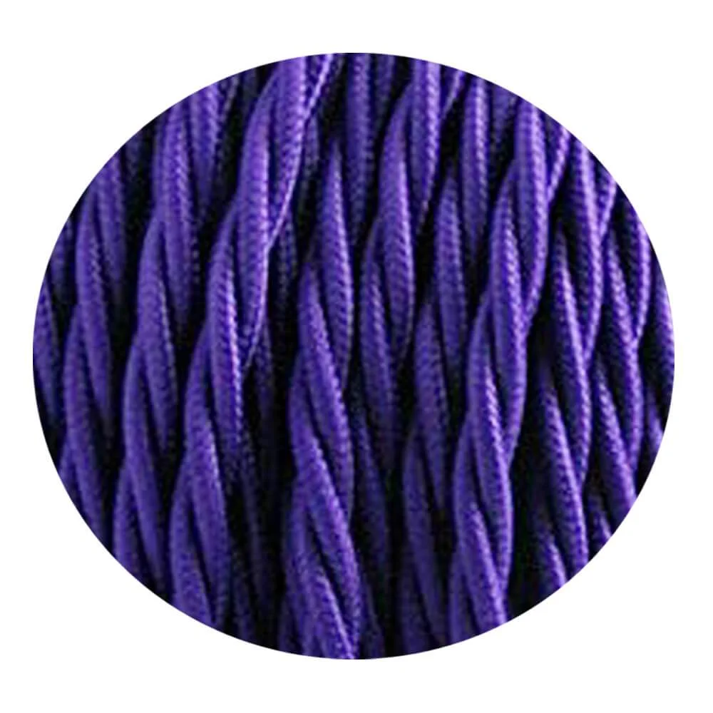 Purple 2‑core twisted cable with Italian braided fabric and PVC insulation; shows a flexible fabric cable in a continuous roll.