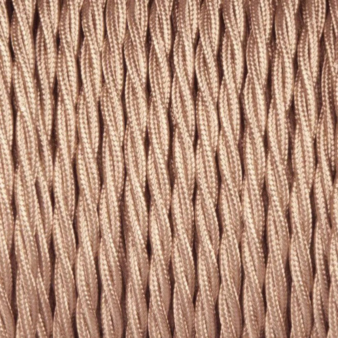 Gold coloured 2 core twisted cable with woven fabric finish displayed on a white surface.