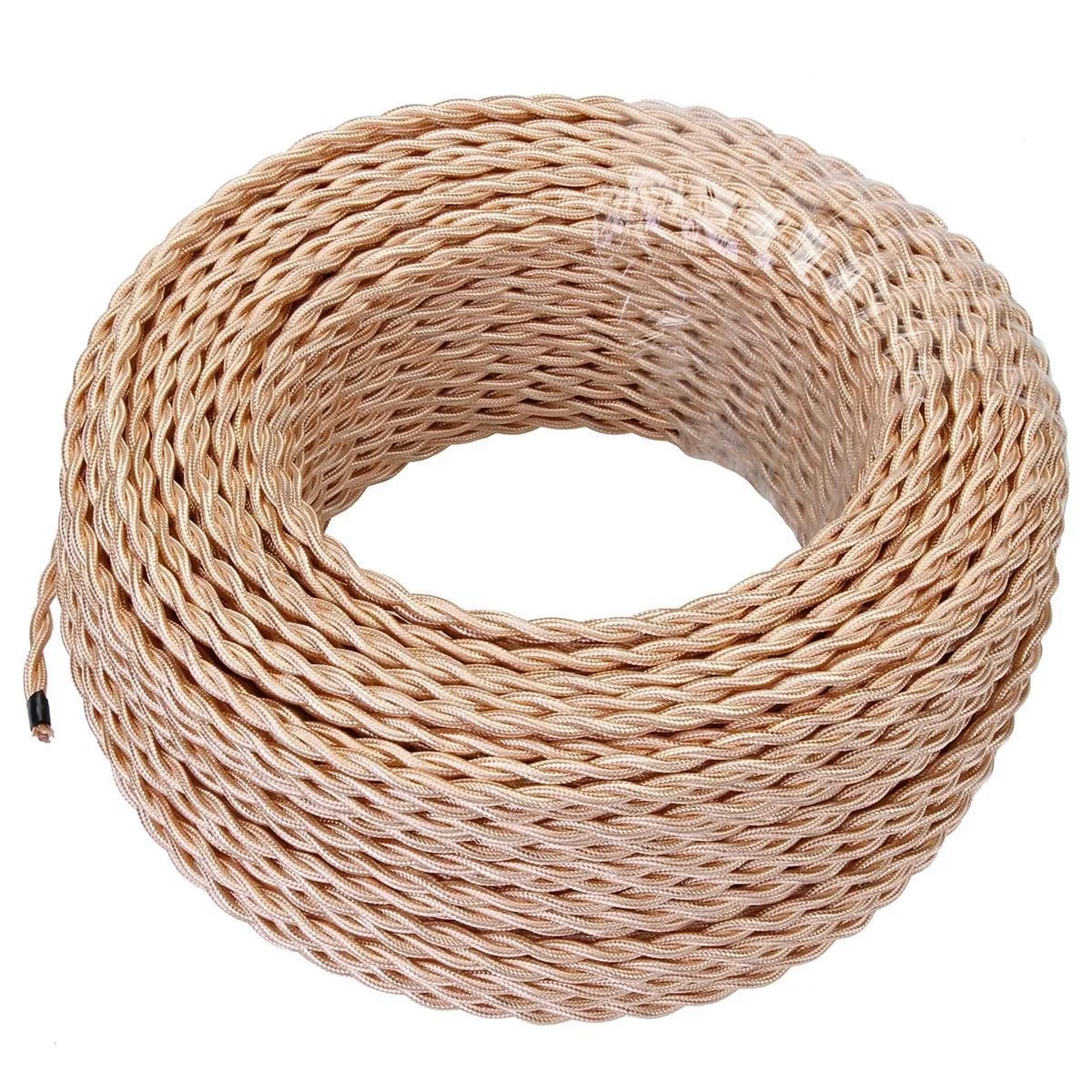 Rose gold electric cable: fabric‑wrapped 2‑core cable with exposed copper cores, showing 5‑meter length.
