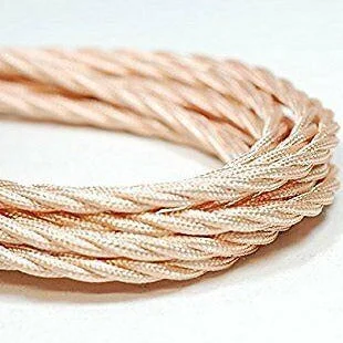 Rose gold 2‑core twisted fabric indoor electric cable, 5mm diameter, cable wrapped in woven finish.