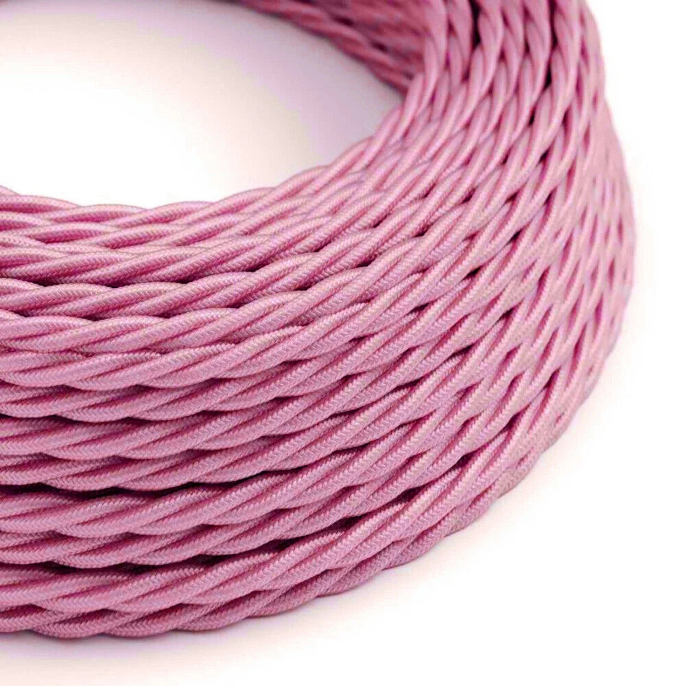 Shiny pink 2 core twisted electric cable with fabric finish, 5mm diameter, flexible and bright