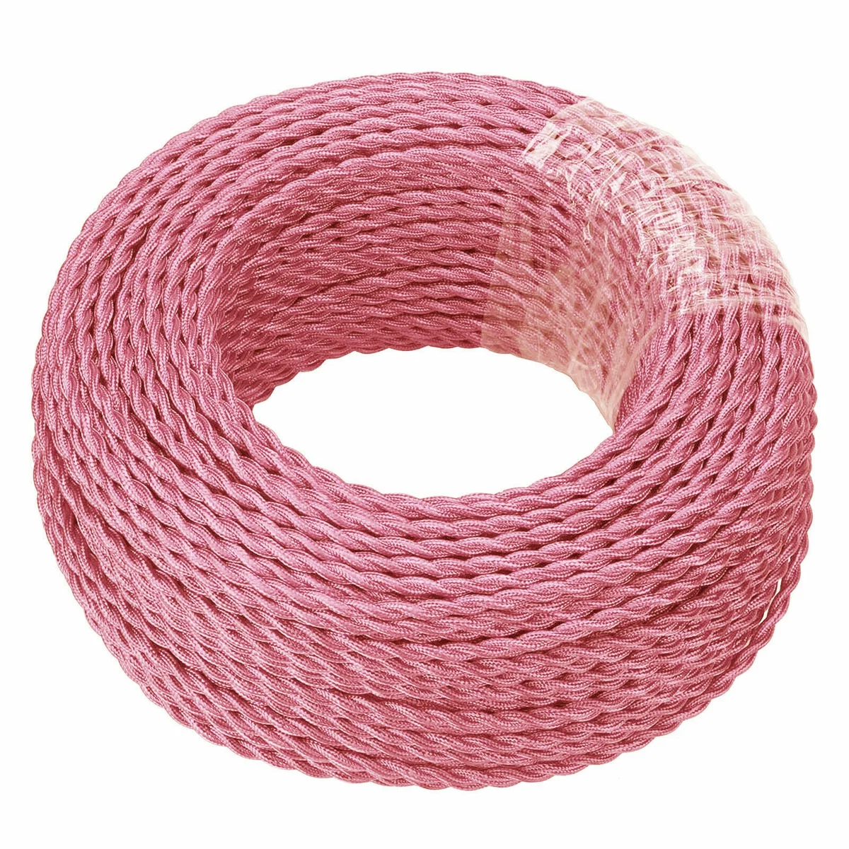 Shiny pink fabric cable, two twisted copper cores in PVC, with woven finish, 1‑m length.