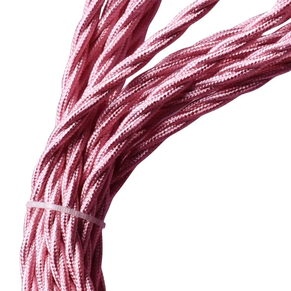 Shiny pink 2‑core twisted indoor lighting cable with fabric finish, visible copper cores, 5 mm diameter, 240 V, 8 A