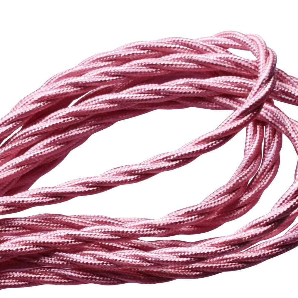 Shiny pink 240V electric flex cable, 2 twisted cores, copper with PVC, woven fabric finish, displayed on a white background.