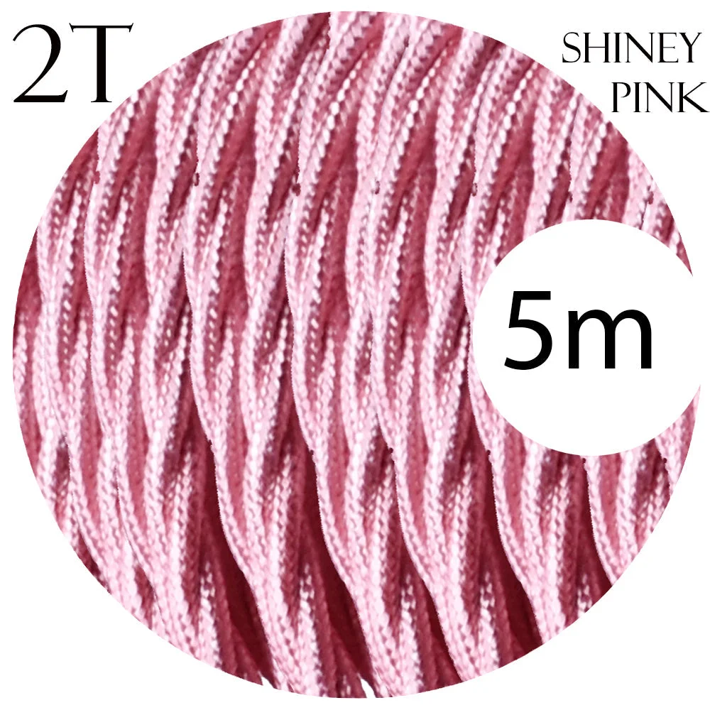 Shiny pink 2 core twisted electric cable with woven fabric finish, 5mm diameter, 240V, 8A rating, long flexible strip