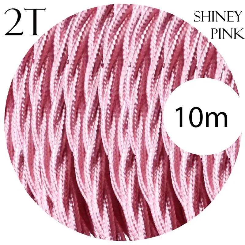 2 core twisted electric cable in shiny pink fabric, copper with PVC insulation, 5mm outer diameter.