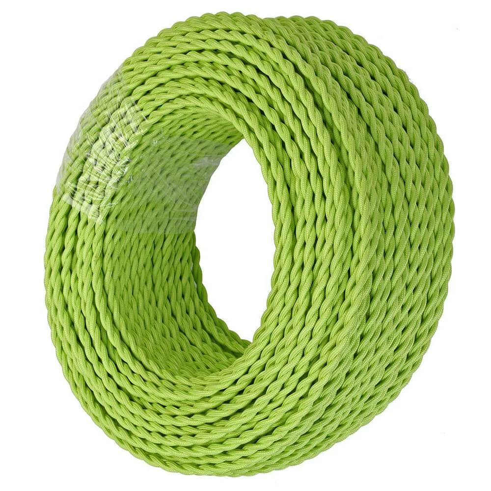 Light green electrical wire on a white background, showing a twisted fabric cable with visible PVC insulation and copper conductors.
