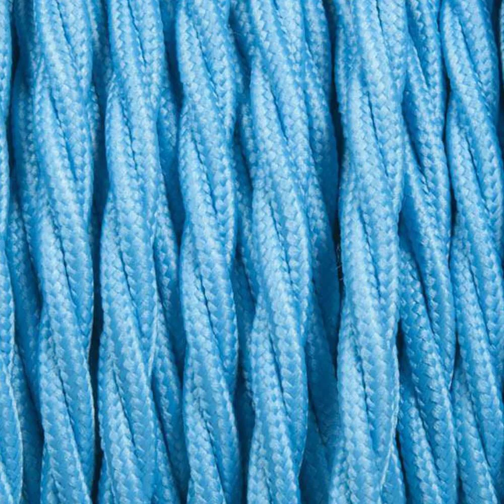 Light blue 2 core twisted electric cable with braided fabric covering, 5 mm diameter, 240 V rating.