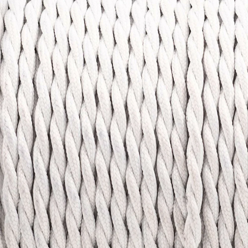 White fabric lamp cord with twisted, two cores, wound on a roll, showing Italian braided fabric, ideal for lamp wiring
