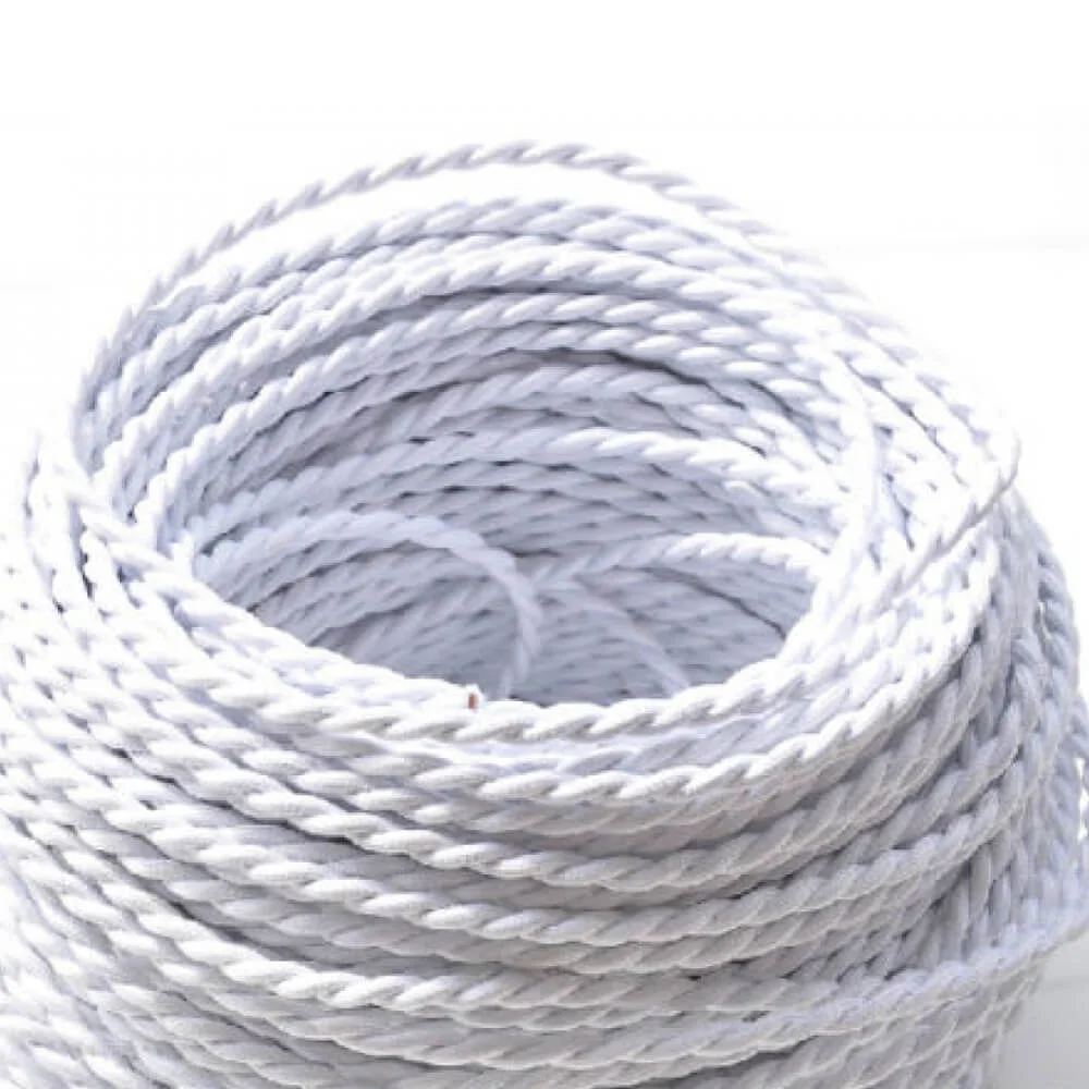 White 2‑core twisted fabric cable with Italian braided cover, ideal for vintage lamp wiring – 0.75mm copper conductors
