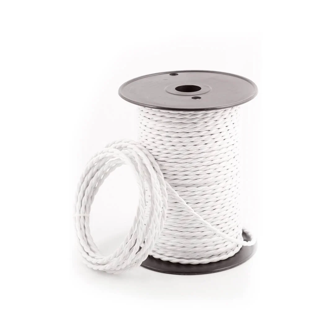 White twisted fabric cable with 2 cores and copper, 5 mm diameter, shown on a roll—ideal decorative lamp cord for lights.