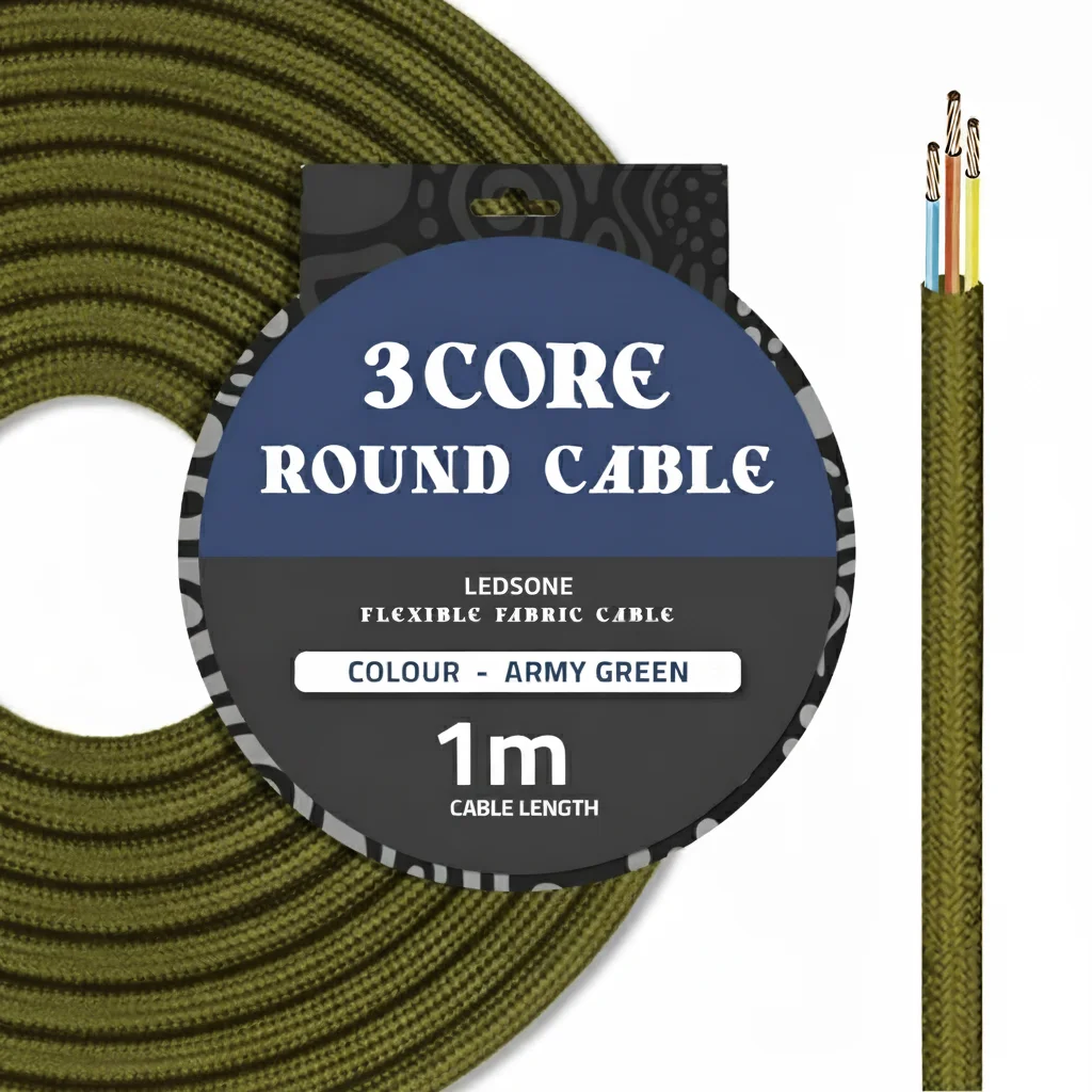 Army green fabric cable, 3‑core round braided, 5m length