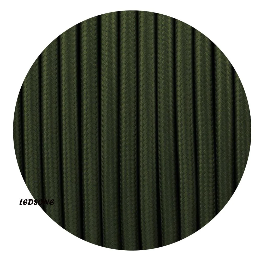 Army green braided indoor lighting cable, 1m length, round 7mm diameter, 3‑core fabric and PVC copper.