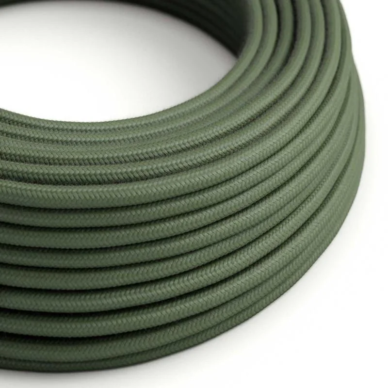 3 core fabric lighting cable in army green round braided fabric, visible cable strands and copper conductors.