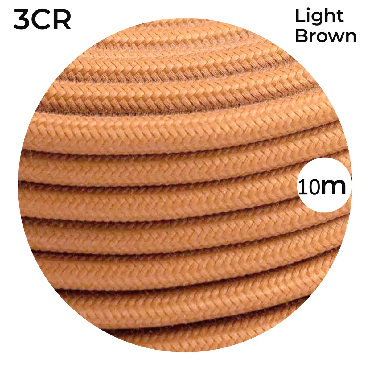 Brown round braided fabric cable spool, showing 3‑core flexible lighting cable with 0.75mm copper conductors