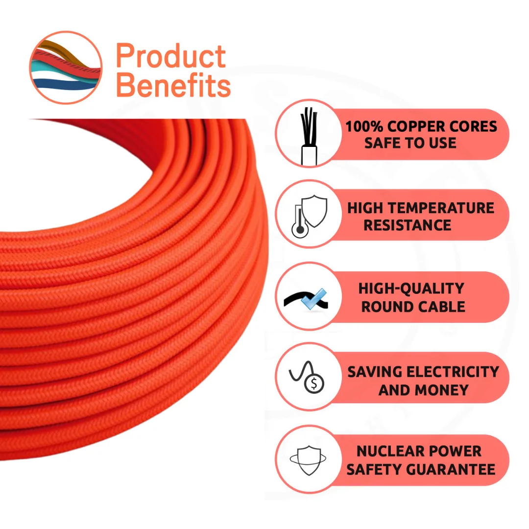 Orange 3‑core round braided cable in vintage fabric style, shown coiled on a stand.